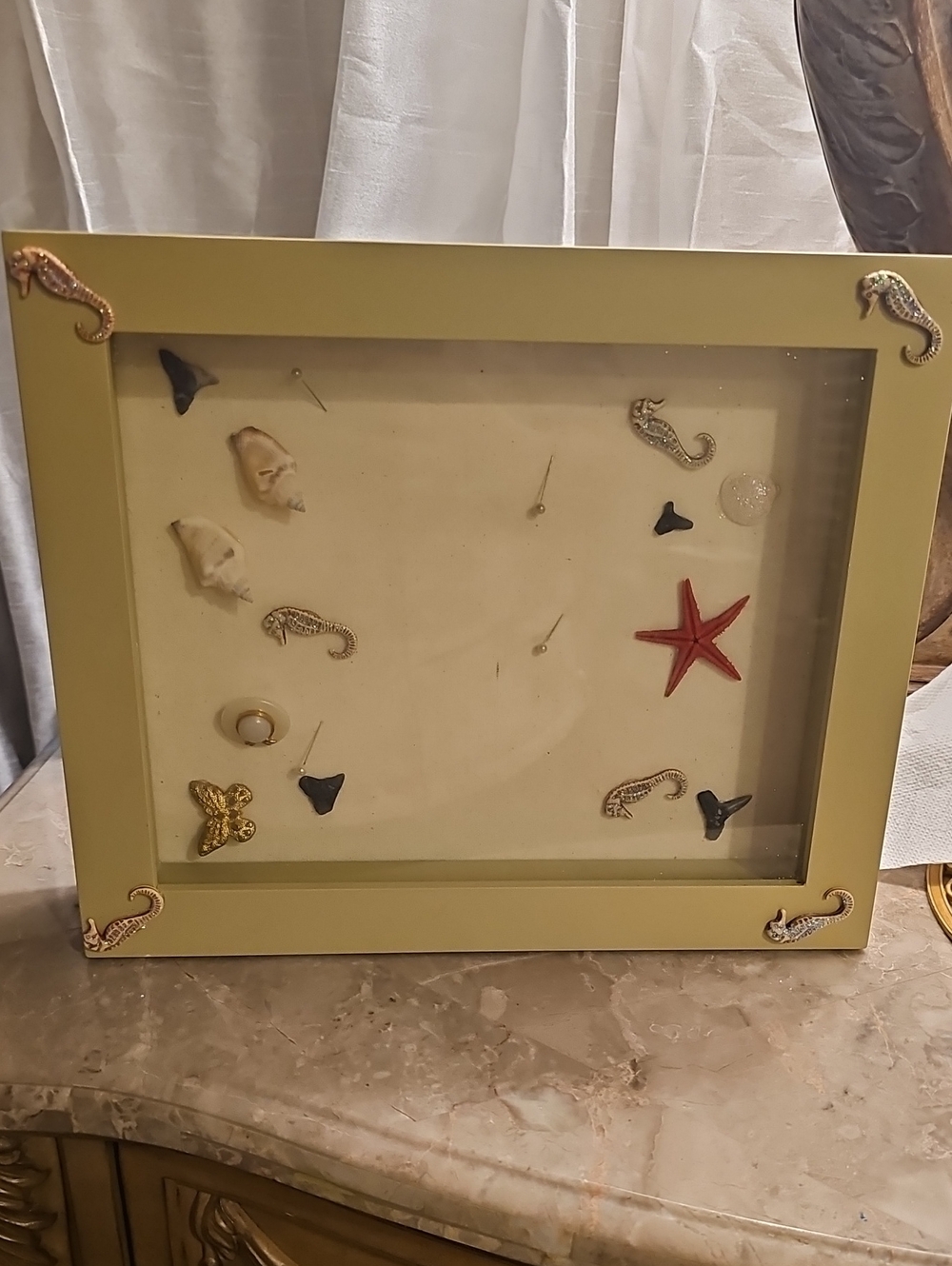 Coastal Glitter Seahorse  Shadow Box Frame with Seashell Accents - Green New 11"